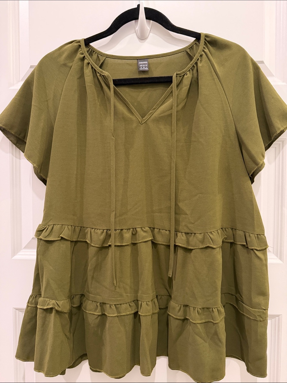 Women's Olive Ruffle-Tier Tie-Neck Blouse